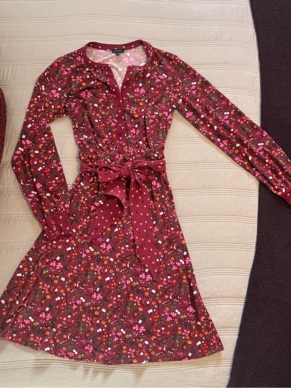 Talbots Burgundy Floral Tie-Waist Long Sleeve Dress Stretch Garden Feminine